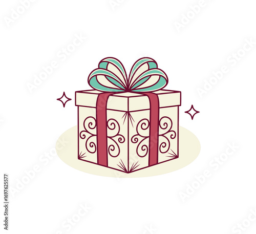 Hand drawn gift box with ribbon and decorative swirls sparkle illustration