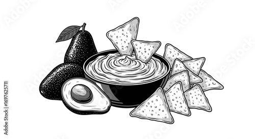 Elegant monochrome illustration capturing the allure of avocado, creamy dip and crispy tortilla