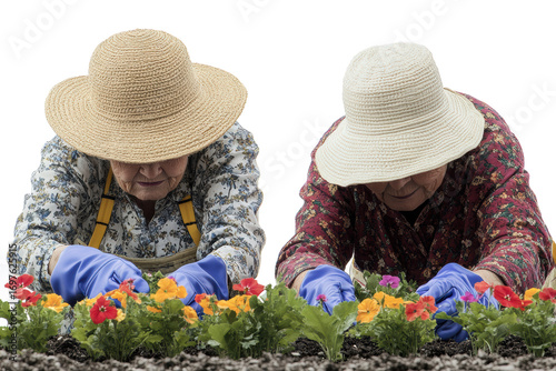 Elderly couple gardening with yellow flowers
