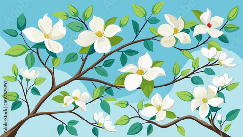 White magnolia blossoms on branches against a blue sky background