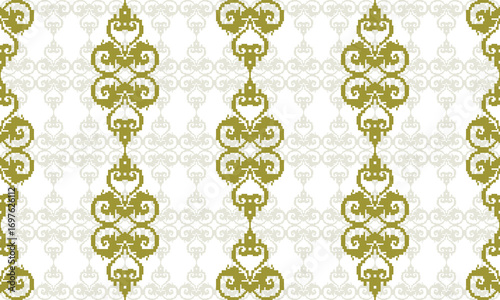 Seamless traditional damask vector pattern in red and white, elegant ornamental textile design. pixel pattern.