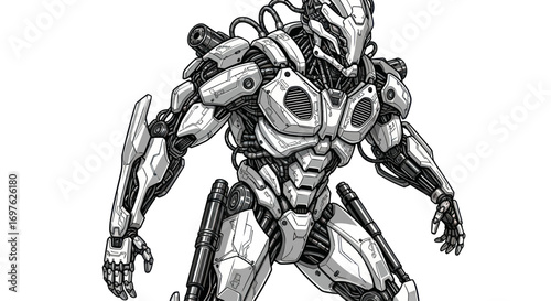 Futuristic armored combat robot with intricate details and a menacing design with complex machinery