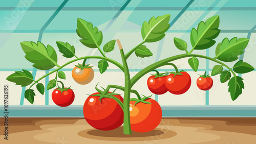 Ripe tomatoes growing on a vine in a greenhouse