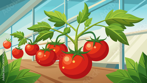 Ripe tomatoes growing in a bright greenhouse