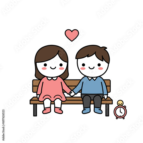 Cartoon couple on bench with love heart