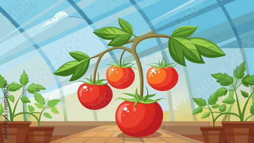 Ripe tomatoes growing on a vine inside a bright greenhouse