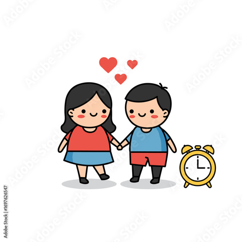 Cartoon couple with love hearts and clock