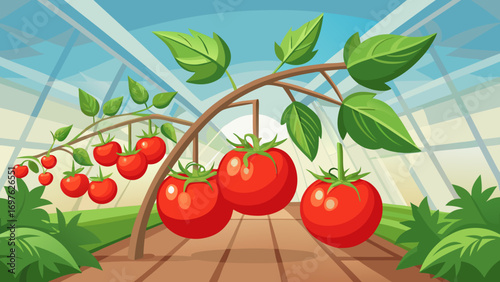 Ripe tomatoes growing on vines inside a greenhouse