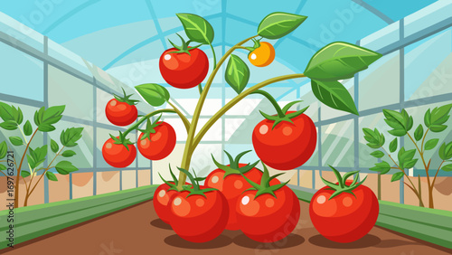 Ripe tomatoes growing in a bright greenhouse
