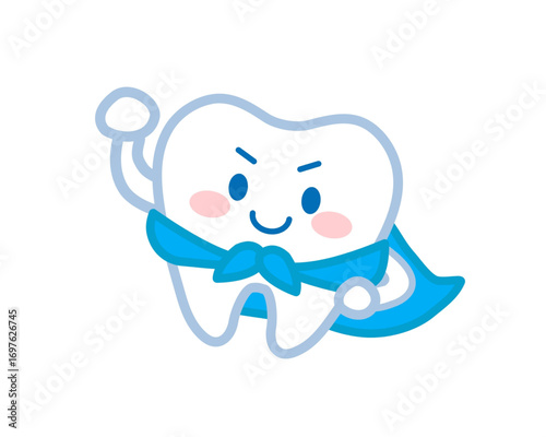 A cute and healthy cartoon tooth character posing as a superhero with a blue cape and a confident smile, representing dental care and protection