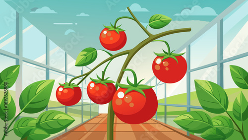 Ripe tomatoes growing on a vine inside a greenhouse