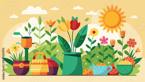 Vibrant spring garden with flowers and watering cans