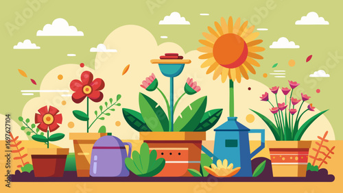Vibrant potted flowers and gardening tools in a flat design