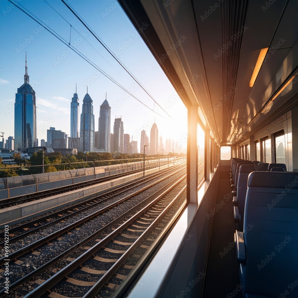Naklejka premium View of city skyline through a window of a train, travel concept