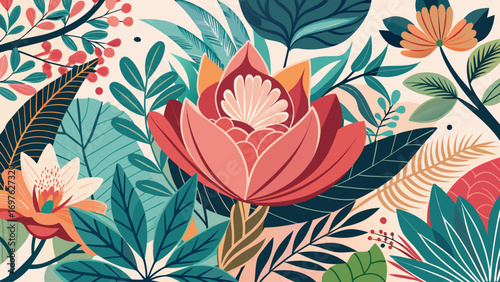 Vibrant tropical floral pattern with bold colors and stylized leaves