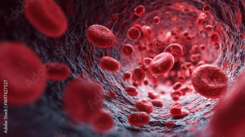 World Thrombosis Day,Medical illustration of red blood cells inside an artery, showing a dangerous blood clot forming, photorealistic 3D rendering, highly detailed textures