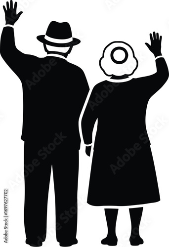 Silhouette of an elderly couple waving, a vector illustration