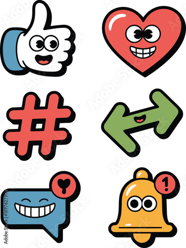 Cute Social Media Emojis Thumbs Up, Heart, Hashtag, Arrows, Chat Bubble, Notification Bell