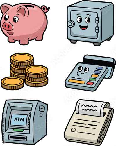 Cute Cartoon Finance Icons Piggy Bank, Safe, Coins, ATM, Credit Card Reader, Receipt