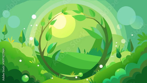 Vibrant green nature landscape with sunlight and bubbles