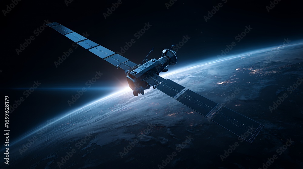 Obraz premium A detailed satellite orbits Earth, showcasing advanced technology against a cosmic backdrop.