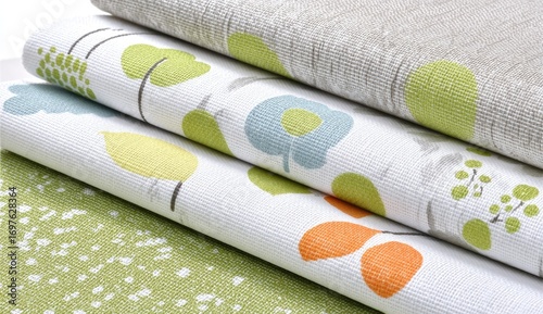 Stacked fabric swatches, displaying a variety of patterns in muted colors, including floral, leaf, and dot designs