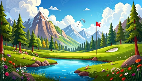 A scenic golf course nestled in a mountain valley