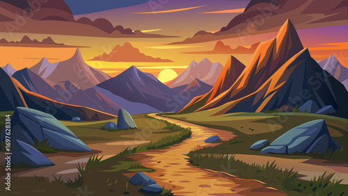 Vibrant mountain landscape at sunset with winding path