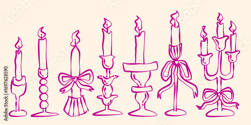 Set of hand drawn candle with coquette ribbon. Whimsical candle line art illustration. La dolce vita dinner or birthday candle.