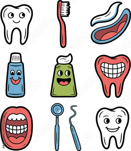 Cartoon Teeth, Toothbrush, Toothpaste Icons Set Dental Hygiene Illustration