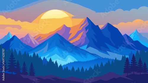 Vibrant geometric mountain landscape at sunrise