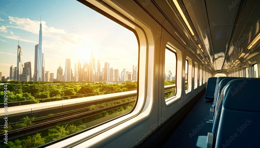 Naklejka premium View of city skyline through a window of a train, travel concept