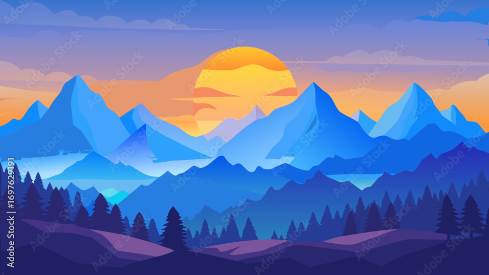 Obraz premium Vibrant mountain landscape at sunset with stylized peaks
