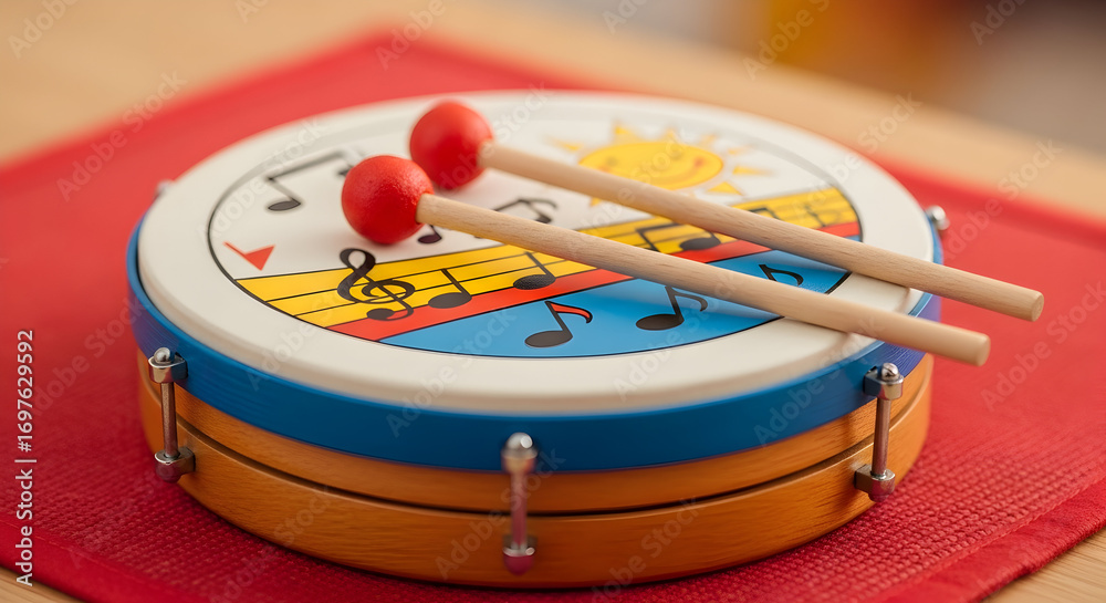 Obraz premium A small child's drum with mallets, decorated with musical notes and a sun.