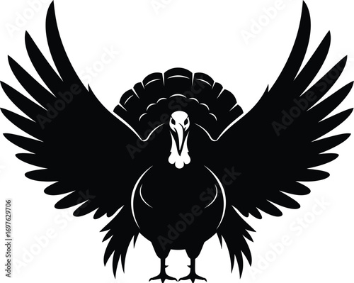 Turkey with wings spread, turkey is a black silhouette with head
