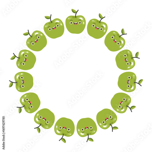 Wreath of cheerful green apple characters with a smiling face, good for postcards, invitations and products for children.