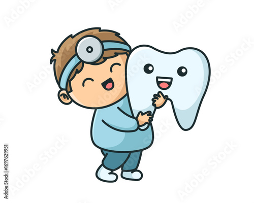 A charming cartoon illustration of a cute little dentist boy happily hugging a large, smiling, healthy white tooth, representing pediatric dental care and oral hygiene