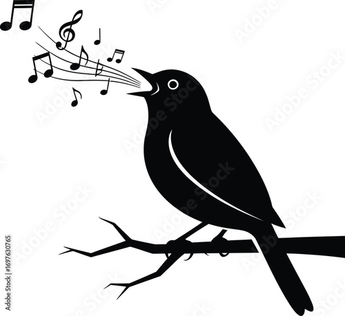 Illustration of a singing bird a branch with musical notes, perfect for music