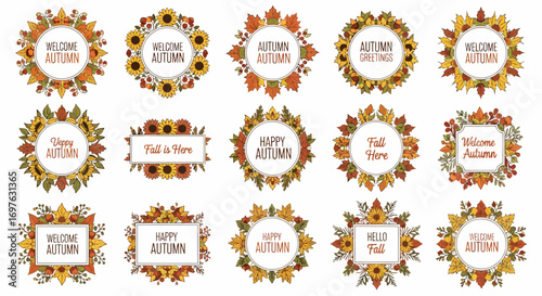 Vector illustration collection of various fall wreaths and decorative frames, featuring a welcome autumn sign perfect for seasonal greetings and design elements