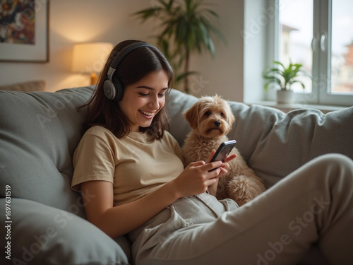 Smiling girl enjoying a cozy moment with her dog, listening to music and relaxing at home