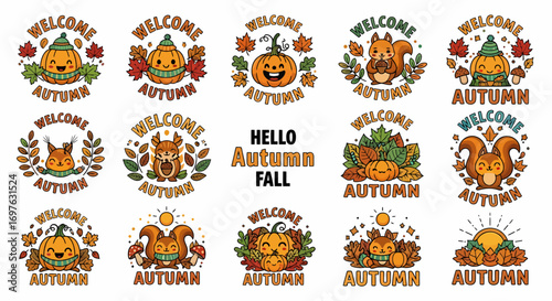 Welcome Autumn Sign Collection Cute Cartoon Pumpkins, Squirrels, and Leaves Celebrating the Fall Season