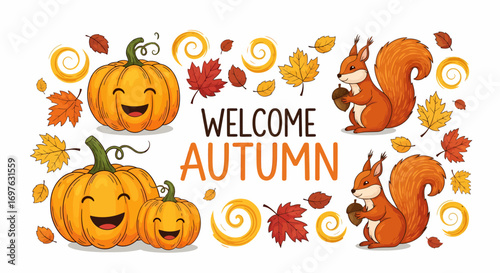 Welcome Autumn Sign Adorable Squirrels and Pumpkins Celebrate the Season