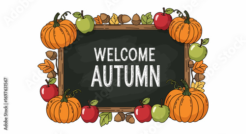 Chalkboard welcome autumn sign decorated with a bountiful harvest of pumpkins, apples, and fall leaves. Seasonal vector illustration