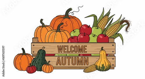 Welcome Autumn Sign with Pumpkins, Apples, Corn, and Gourd in a Wooden Crate