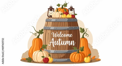 Charming barrel with 'Welcome Autumn' sign adorned with pumpkins, apples, and lanterns, celebrating the cozy arrival of fall