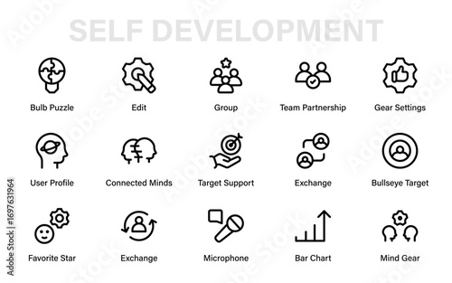 Self Development Professional Line Icon Collection – Modern, minimal, and premium outline vector pack representing motivation, reflection, and skills improvement