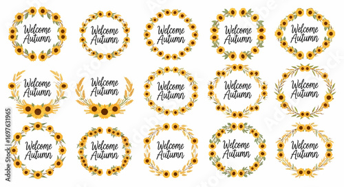 Beautiful collection of circular welcome autumn signs adorned with sunflowers and fall foliage, perfect for seasonal decorations and themes