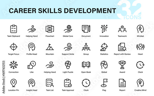 career Skills Development Line Icon Set – Professional and Creative Vector Design for Productivity, Career Building, and Learning