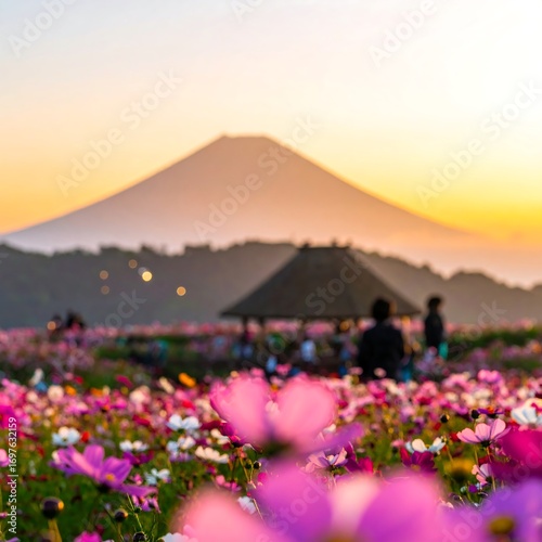 A scenic view of Mount Fuji at sunset, framed by a vibrant field of cosmos flowers. Soft focus creates a dreamy atmosphere