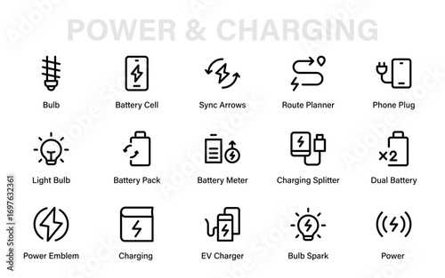 Power and charging professional line icon set with modern minimal vector pack featuring energy, plug, socket, battery, and electricity flow